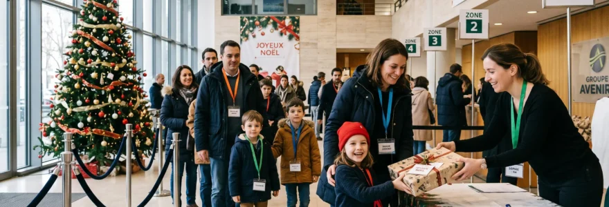 Des familles retirent des cadeaux de manière ordonnée près d'un arbre de Noël dans un hall d'entreprise.