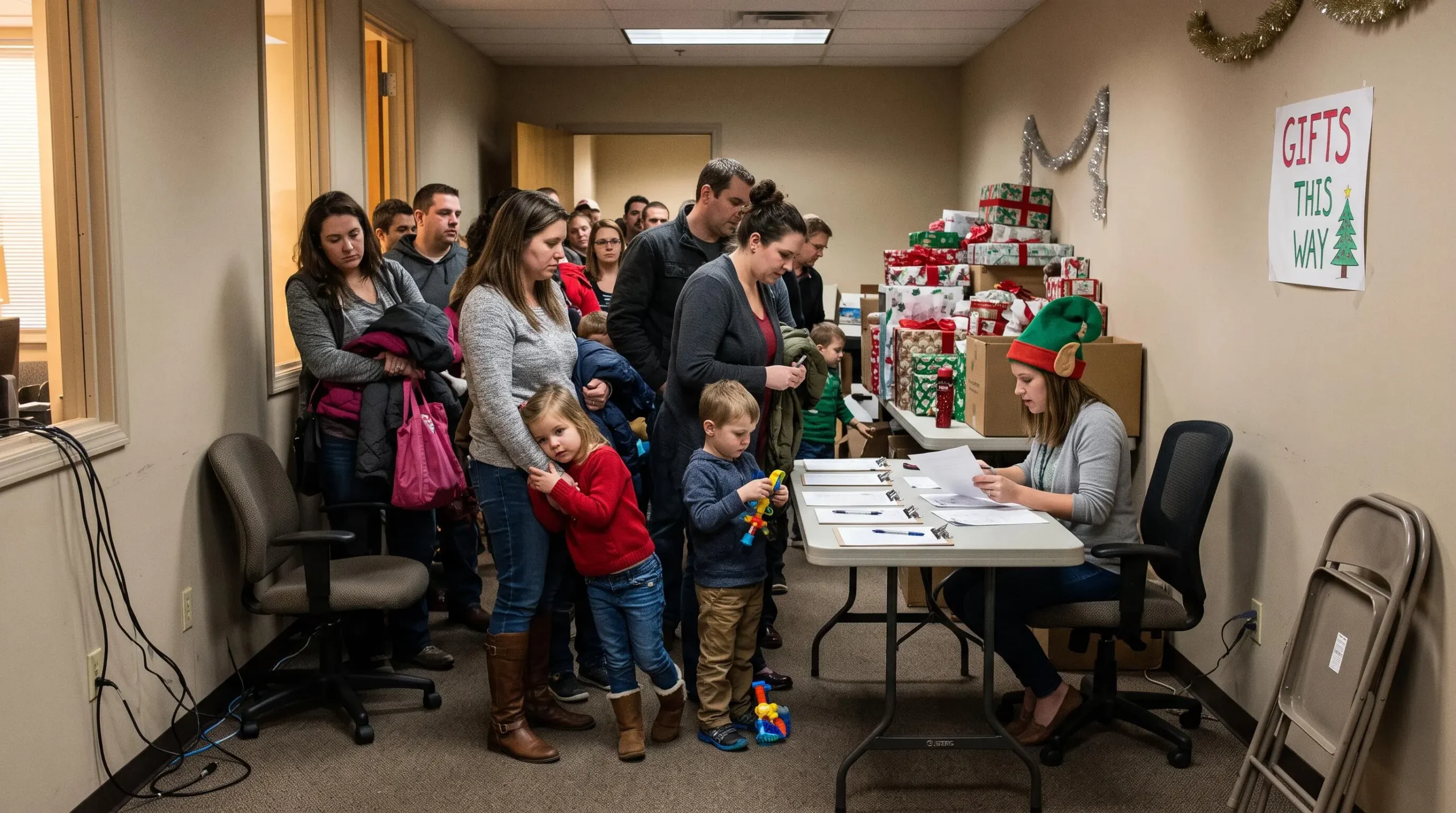 Une longue file de parents et d'enfants attend dans un couloir d'entreprise devant une table de distribution.