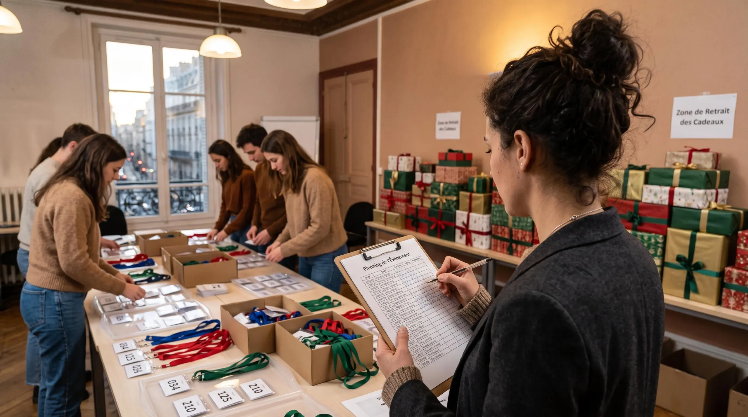 Une coordinatrice vérifie un planning de créneaux sur un presse-papiers lors de la préparation.